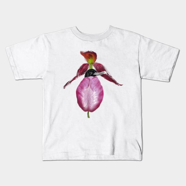 Magnificent Frigatebird + Lady Slipper Orchid Kids T-Shirt by mkeeley